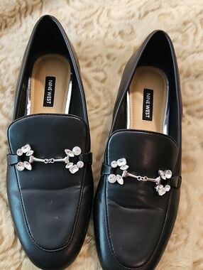 Nine West Black Leather Loafers with Crystal Accent